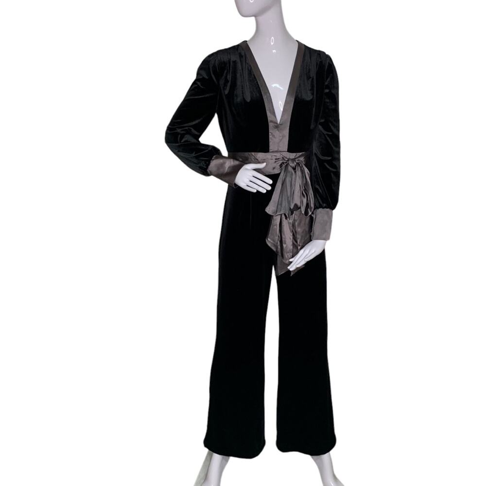 Kloth Velour Deep-V Jumpsuit Long Sleeve Wide Leg Black Size M